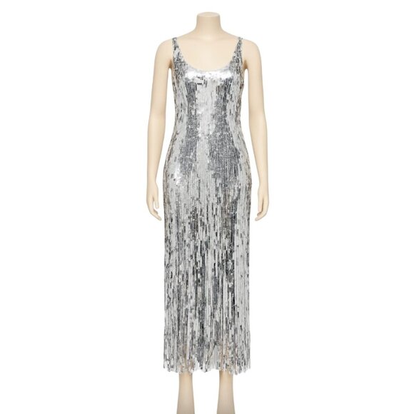 SIMKHAI Ayala Gown Silver Sequin Fringe Dress NWT  - Size 2 - Picture 2 of 14